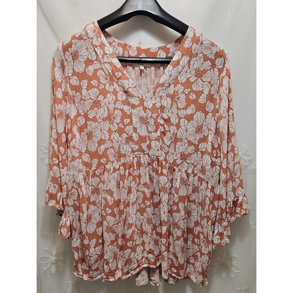 Cynthia Rowley Womens 1X Orange White Top Floral Tropical Wavy Flutter Sleeves